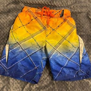 GC boys blue yellow and orange shark swim trunk SzS 5/6